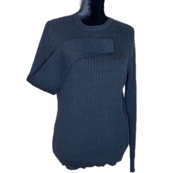 Kim Rogers Womens Cable Knit Black Sweater M 100% Cotton Long Sleeve Crew Neck - Picture 1 of 14